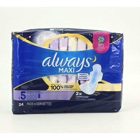 Always Maxi Size 5 Extra Heavy Overnight Pads with Wings 24 Pads - Picture 1 of 6
